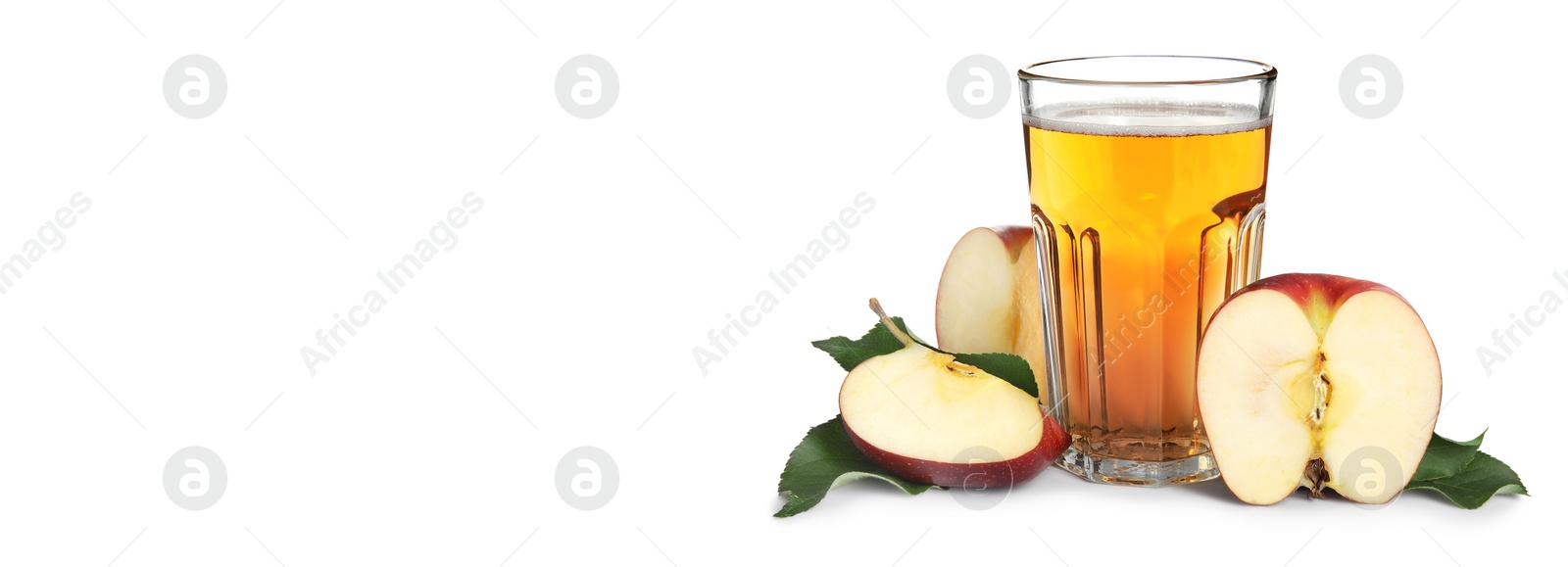 Image of Delicious cider, whole and cut red apples on white background, space for text. Banner design