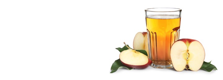 Image of Delicious cider, whole and cut red apples on white background, space for text. Banner design