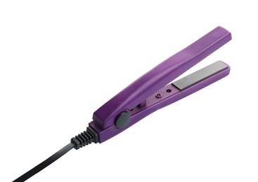 Photo of Modern hair iron for straightening on white background