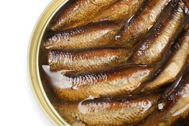 Photo of One tin can of sprats isolated on white, top view