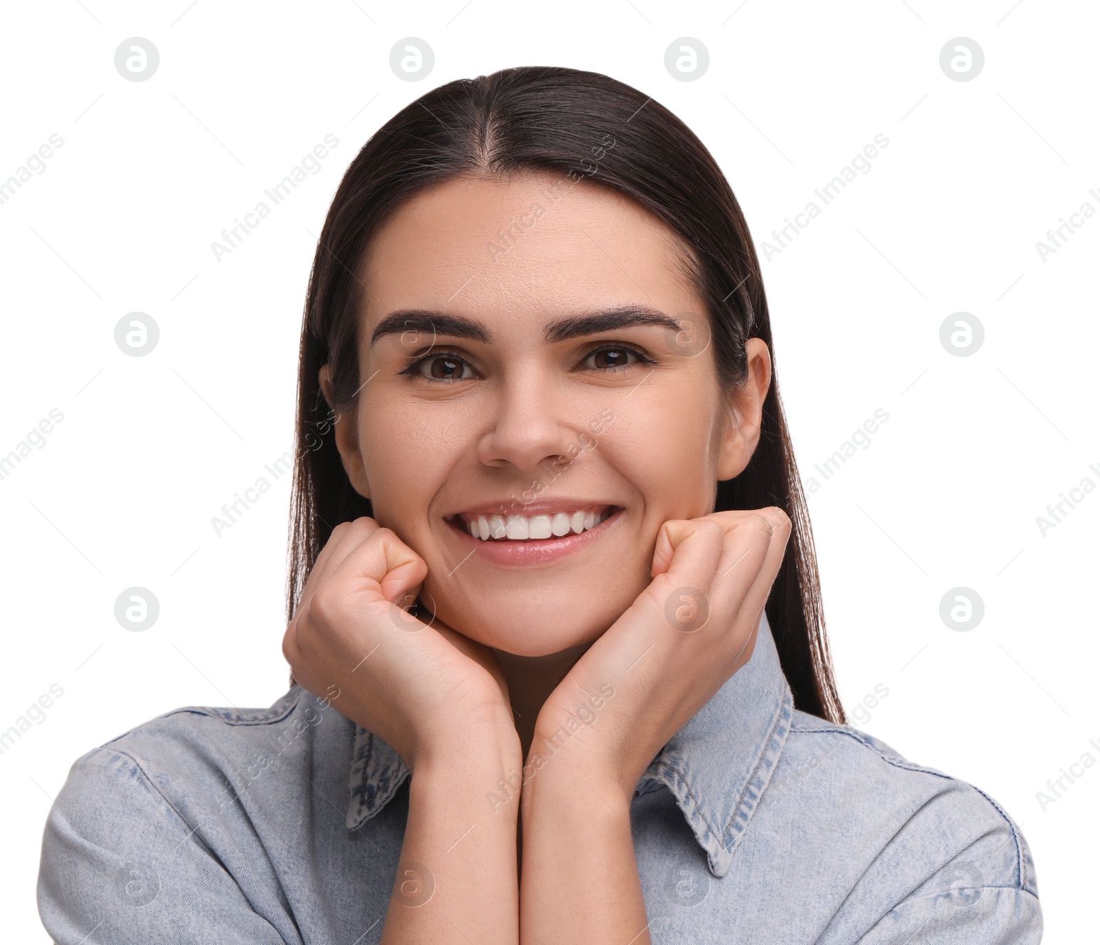 Photo of Young woman with clean teeth smiling on white background