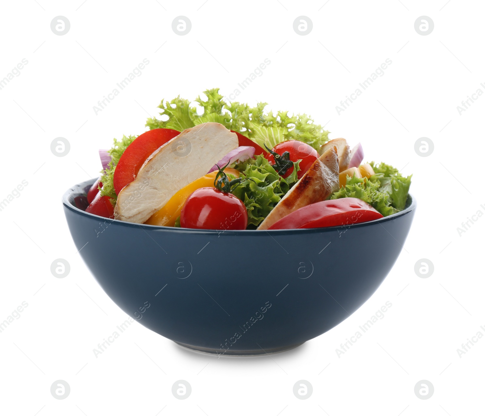 Photo of Delicious salad with chicken and vegetables in bowl isolated on white