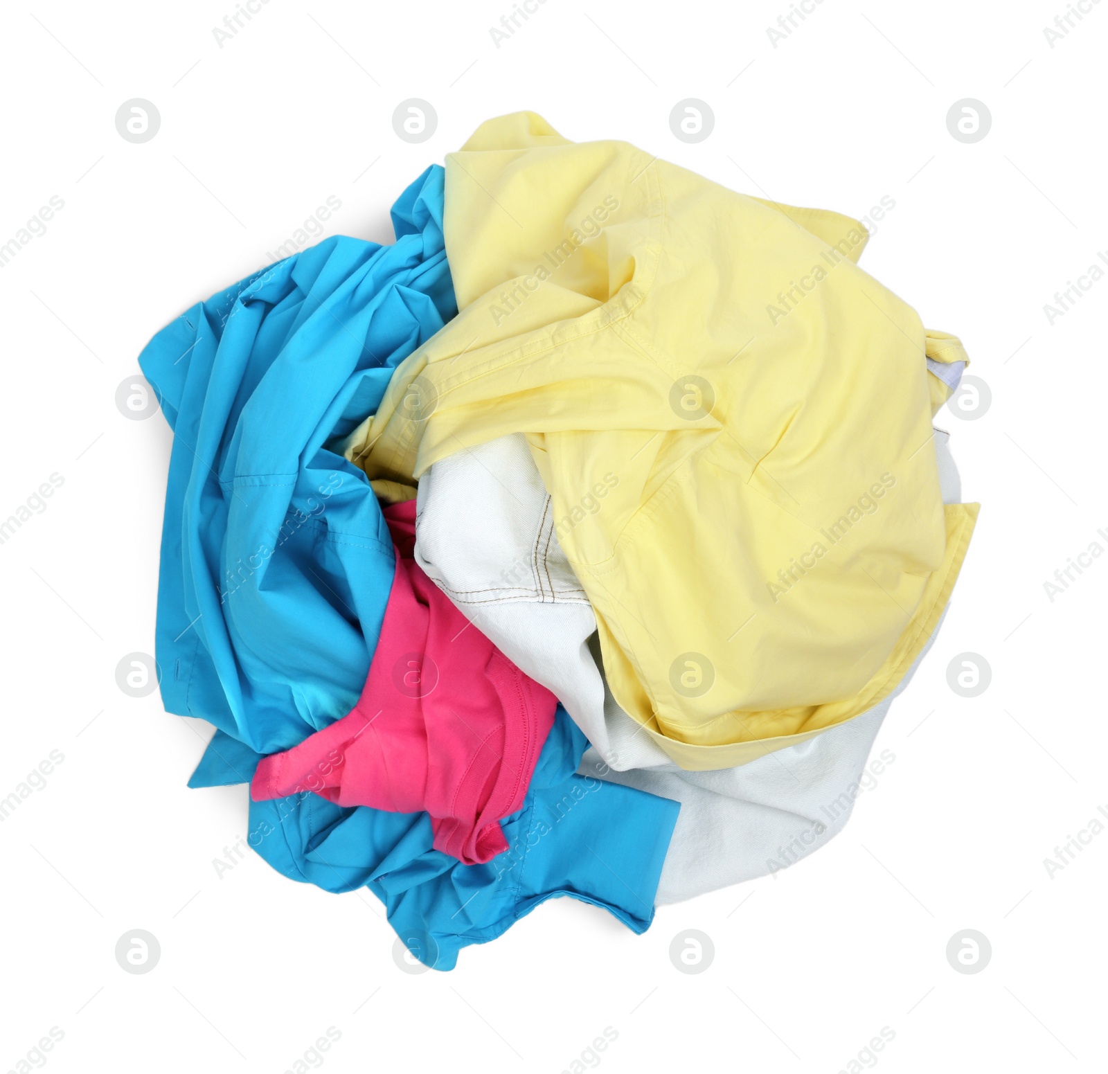 Photo of Pile of clothes isolated on white, top view