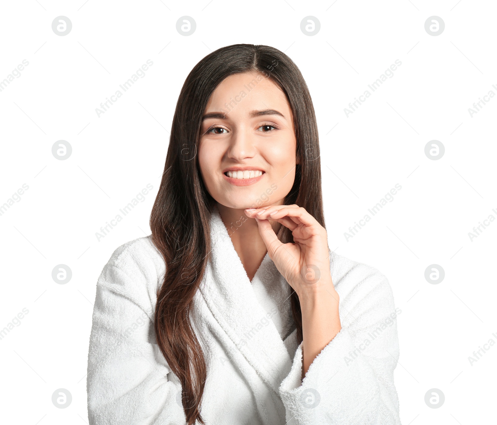 Photo of Portrait of beautiful woman on white background. Cosmetology and spa