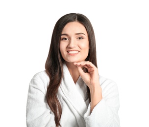 Photo of Portrait of beautiful woman on white background. Cosmetology and spa