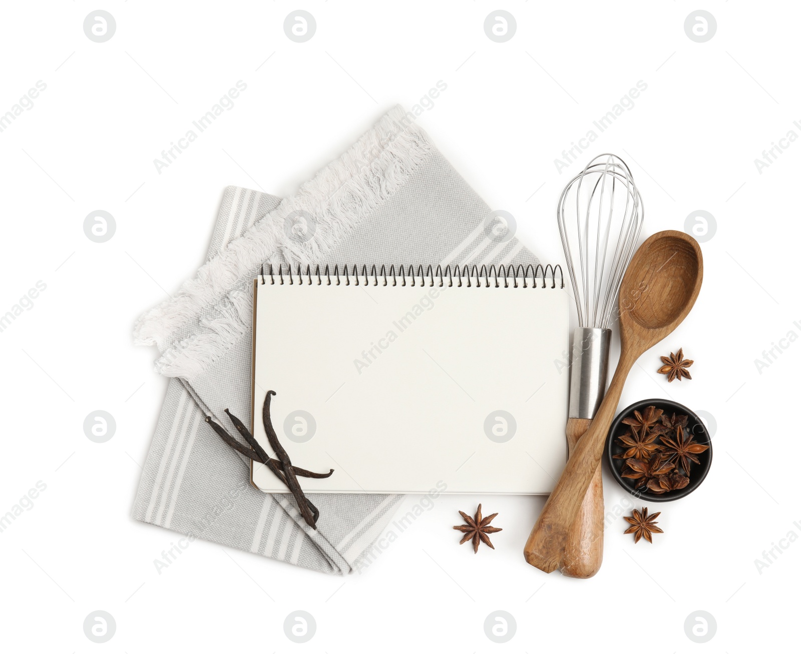 Photo of Blank recipe book, napkin, spices and kitchen utensils on white background, top view. Space for text