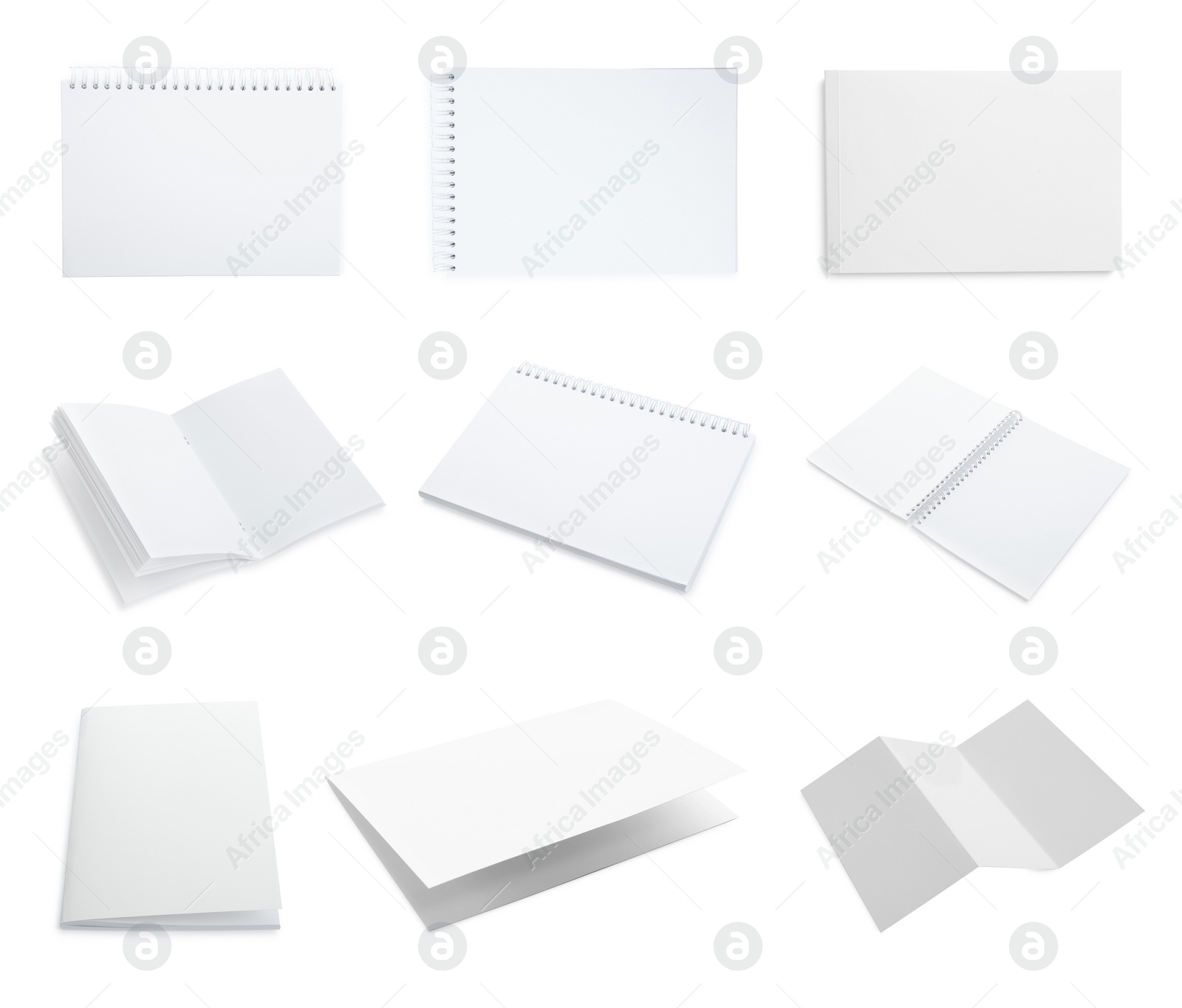 Image of Set with blank paper brochures on white background. Mockup for design