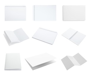 Set with blank paper brochures on white background. Mockup for design