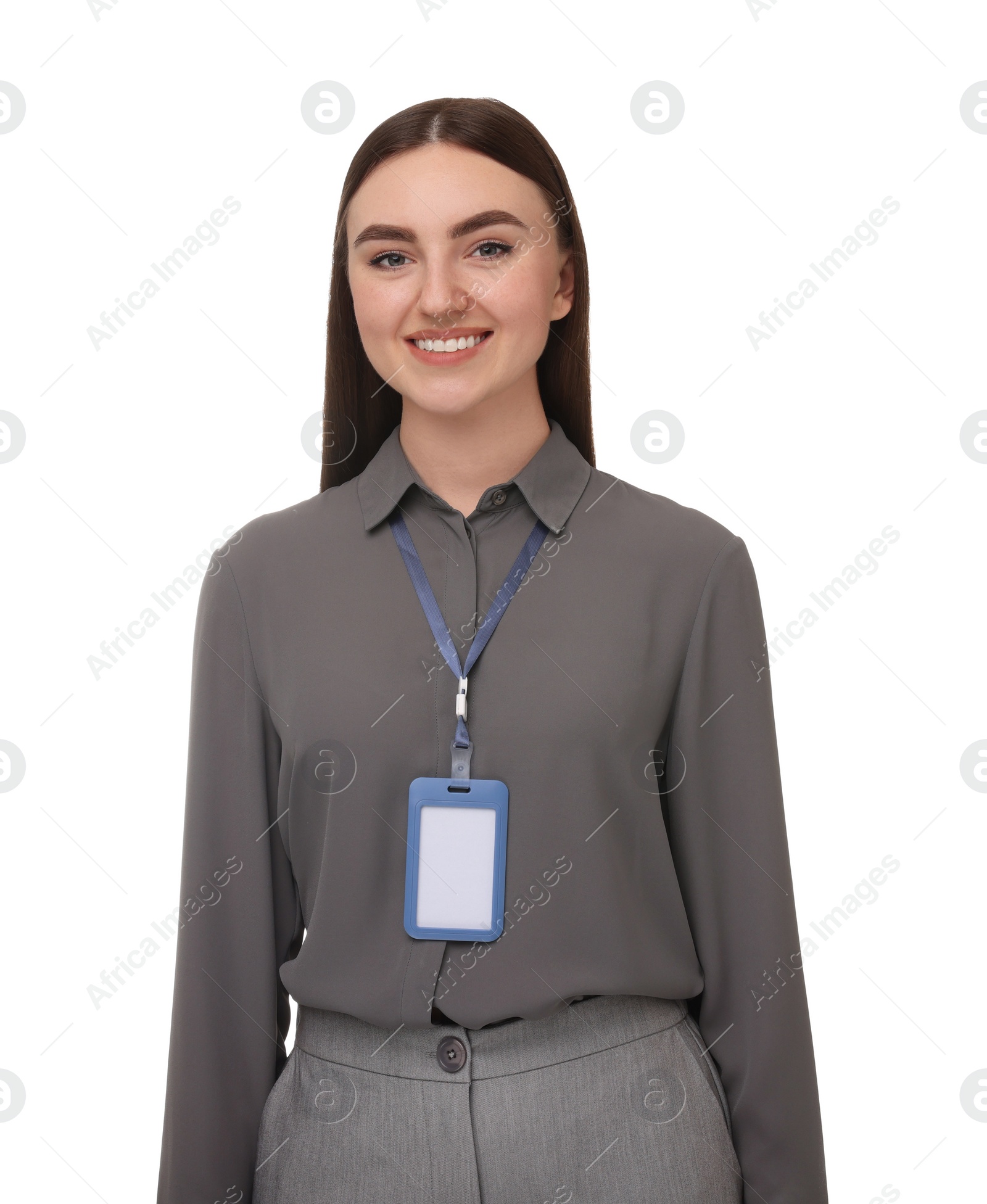 Photo of Happy woman with blank badge on white background