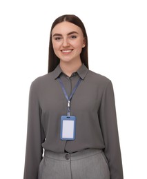 Photo of Happy woman with blank badge on white background