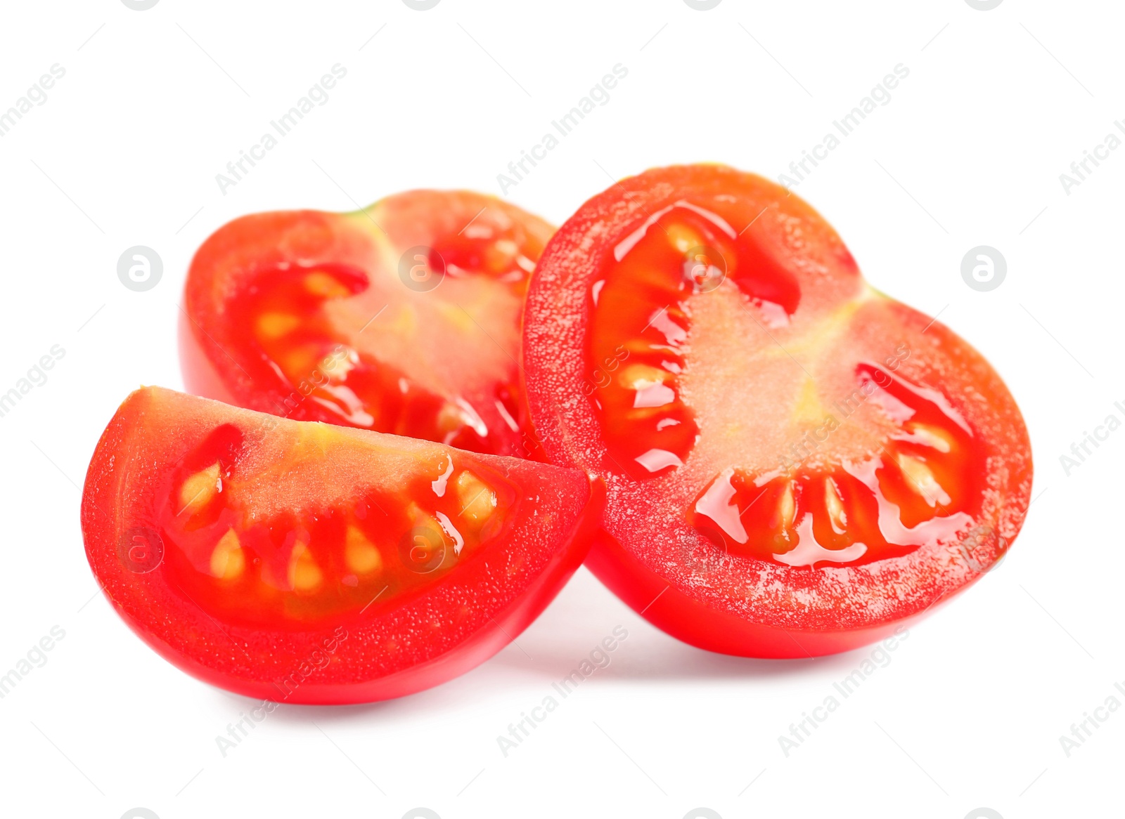 Photo of Cut fresh cherry tomatoes isolated on white