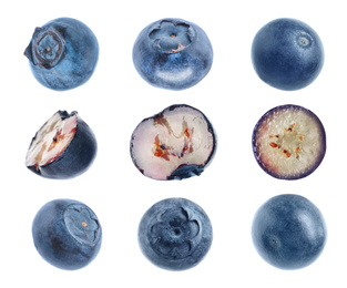 Image of Set of fresh blueberries on white background