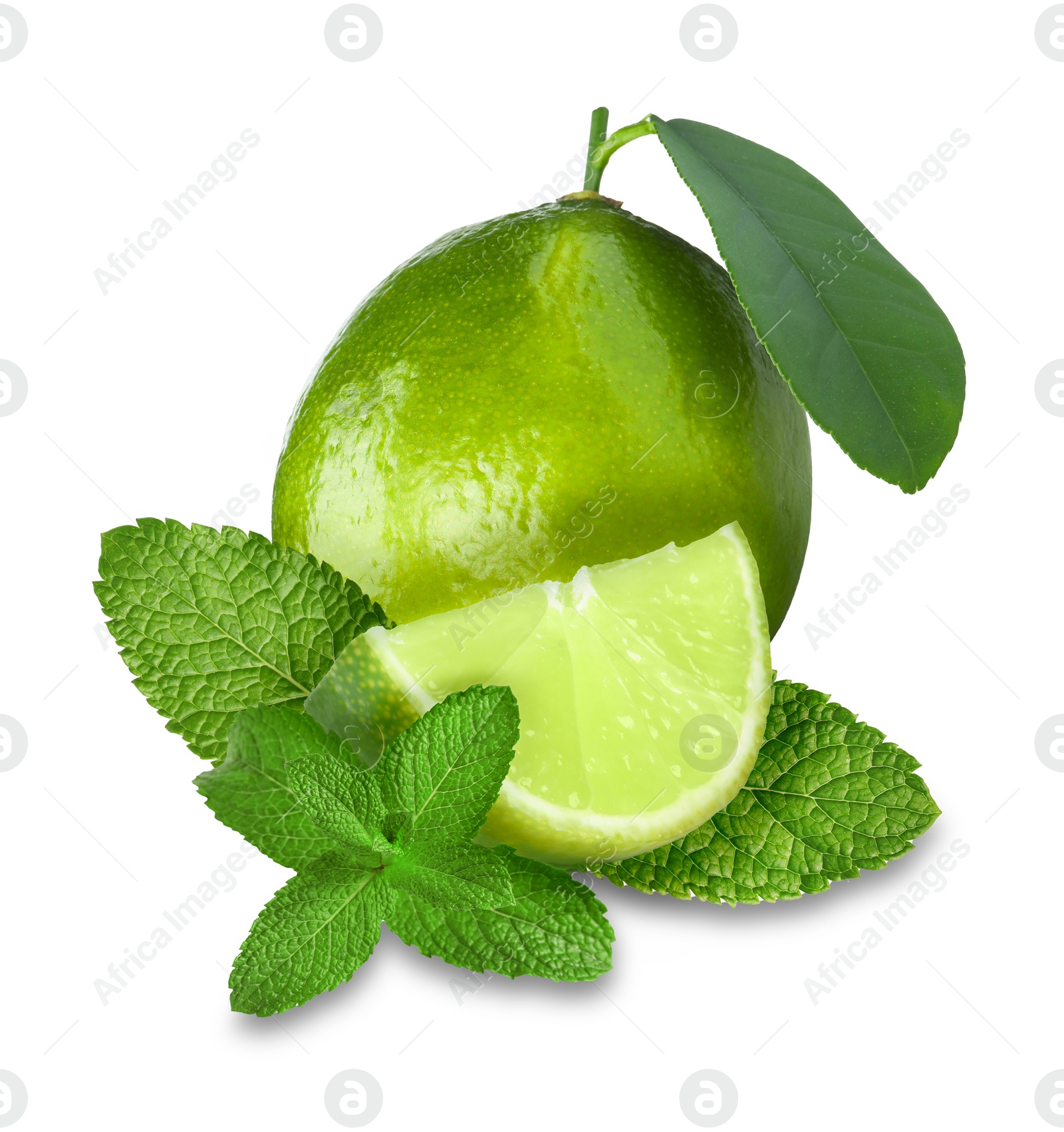 Image of Fresh ripe limes and green mint leaves isolated on white