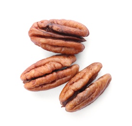 Shelled pecan nuts on white background, top view