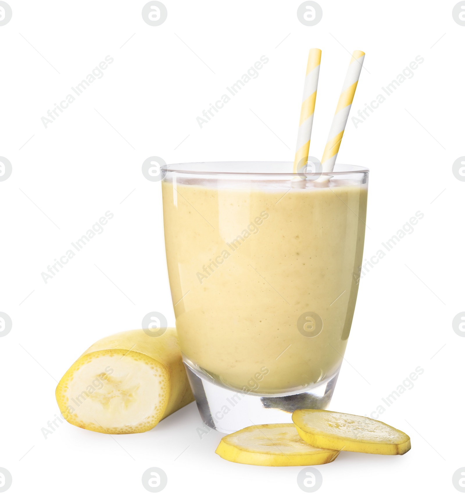 Photo of Glass of tasty banana smoothie with straws and fresh fruit on white background