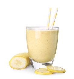 Photo of Glass of tasty banana smoothie with straws and fresh fruit on white background