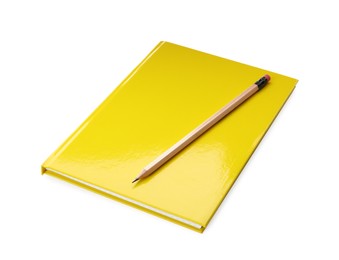 Photo of New yellow planner and pencil isolated on white