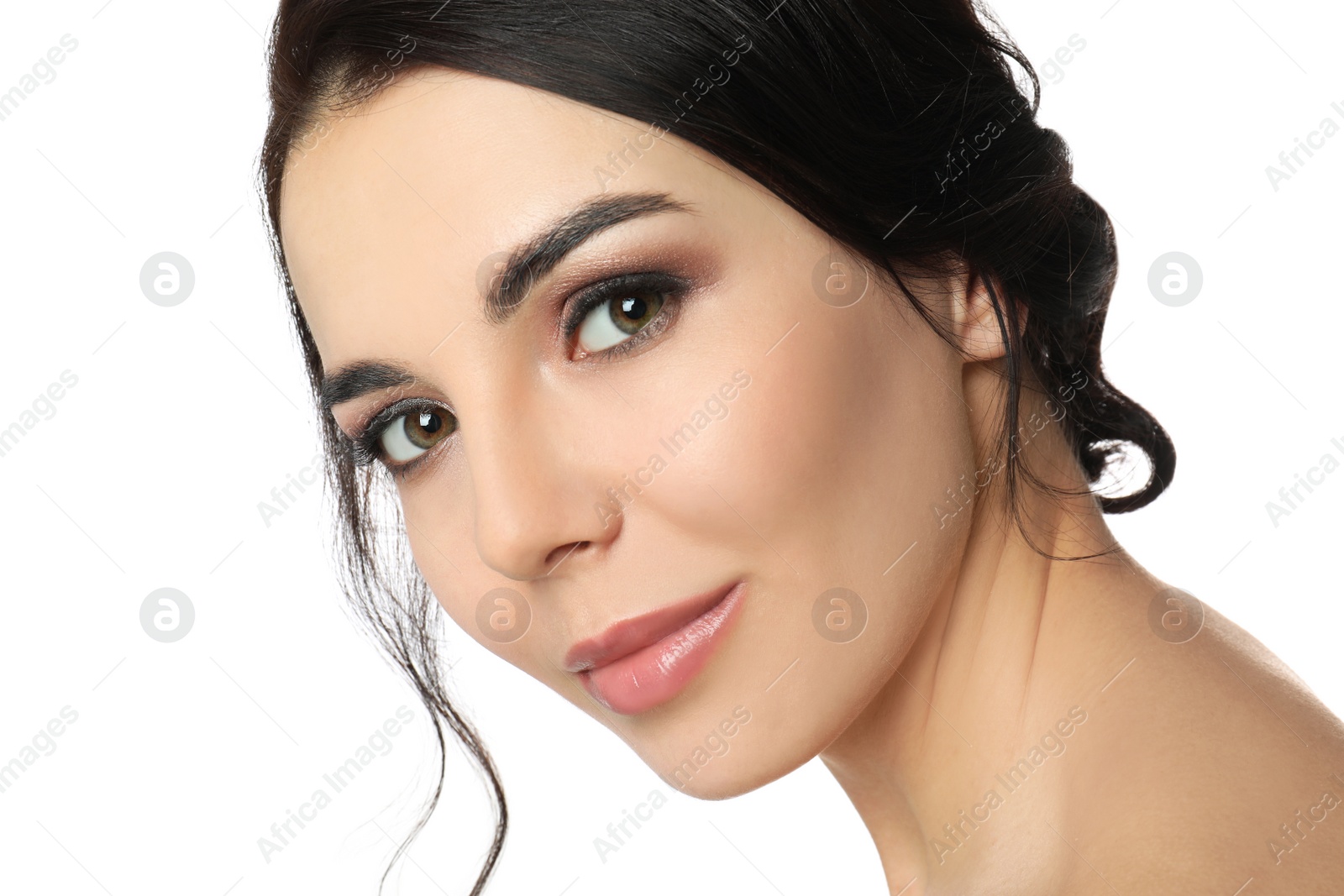 Photo of Portrait of young woman with beautiful hair on white background