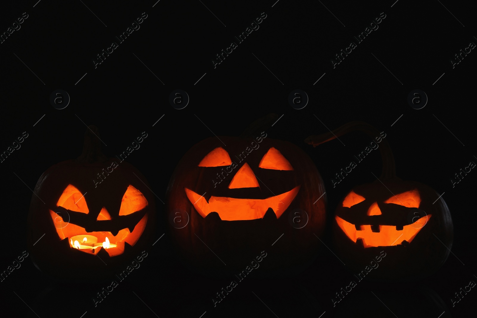 Photo of Halloween pumpkin heads. Glowing jack lanterns in dark