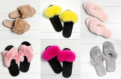 Image of Collage with different soft slippers on white wooden background, top view