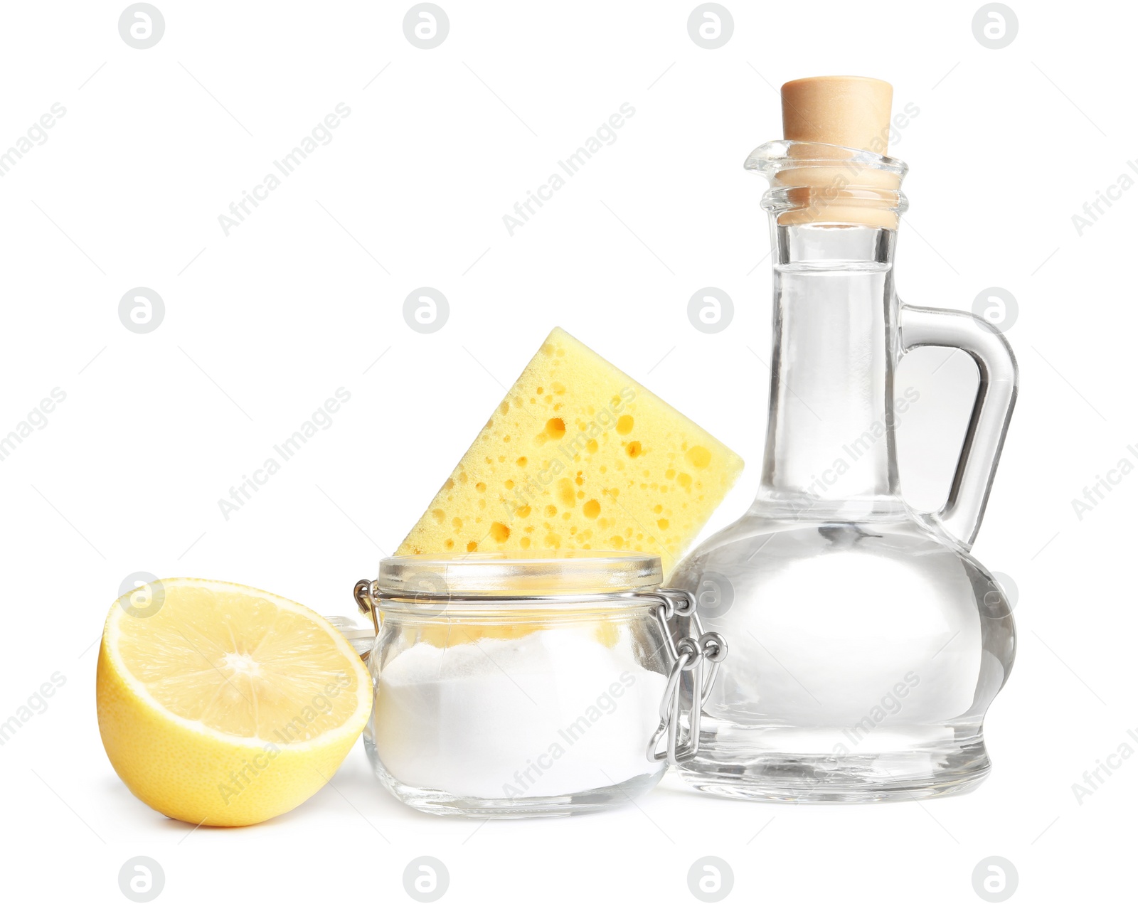 Photo of Composition with vinegar, lemon and baking soda on white background. House cleaning