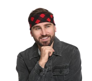 Fashionable young man in stylish outfit with bandana on white background