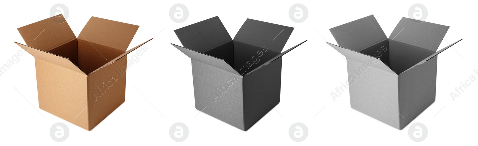 Image of Set of open cardboard boxes on white background. Banner design