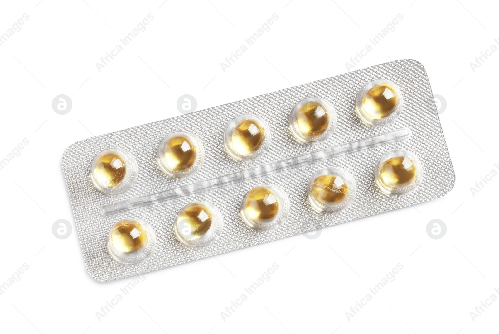 Photo of Blister with bright pills isolated on white, top view