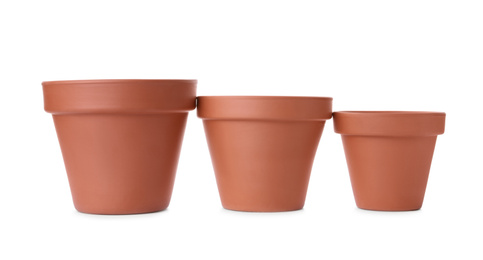 Stylish terracotta flower pots isolated on white