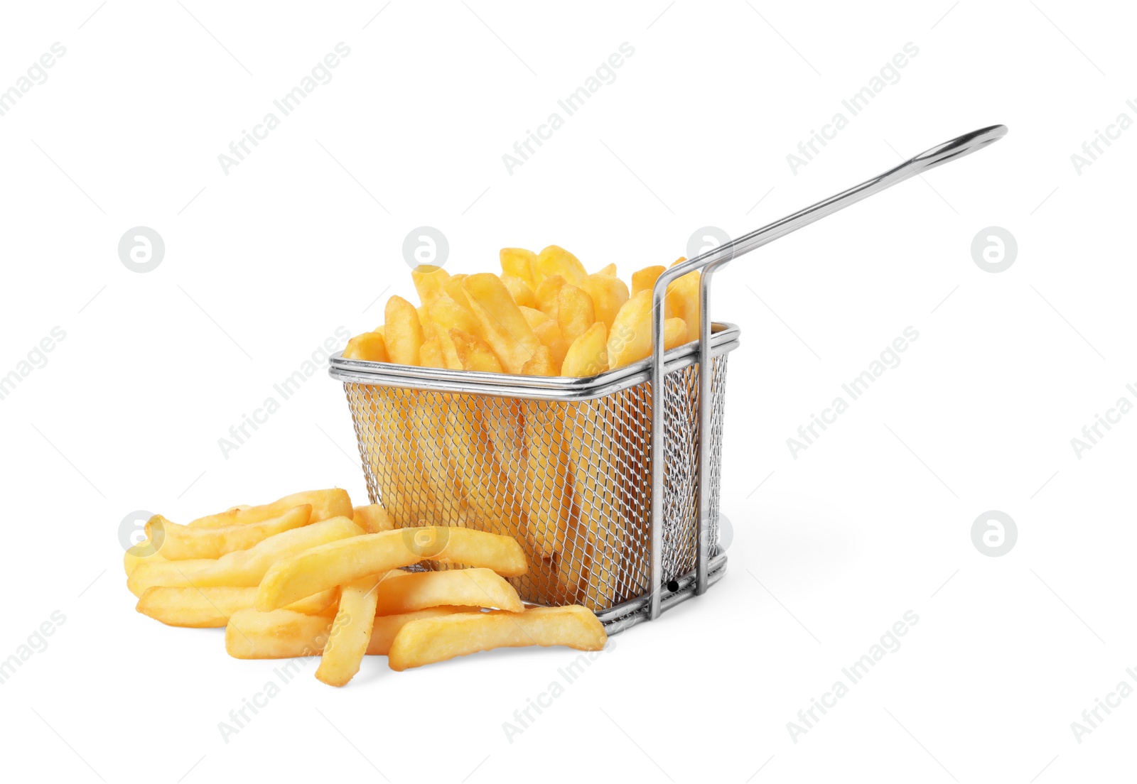 Photo of Delicious French fries and metal basket isolated on white