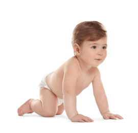 Cute little baby in diaper on white background