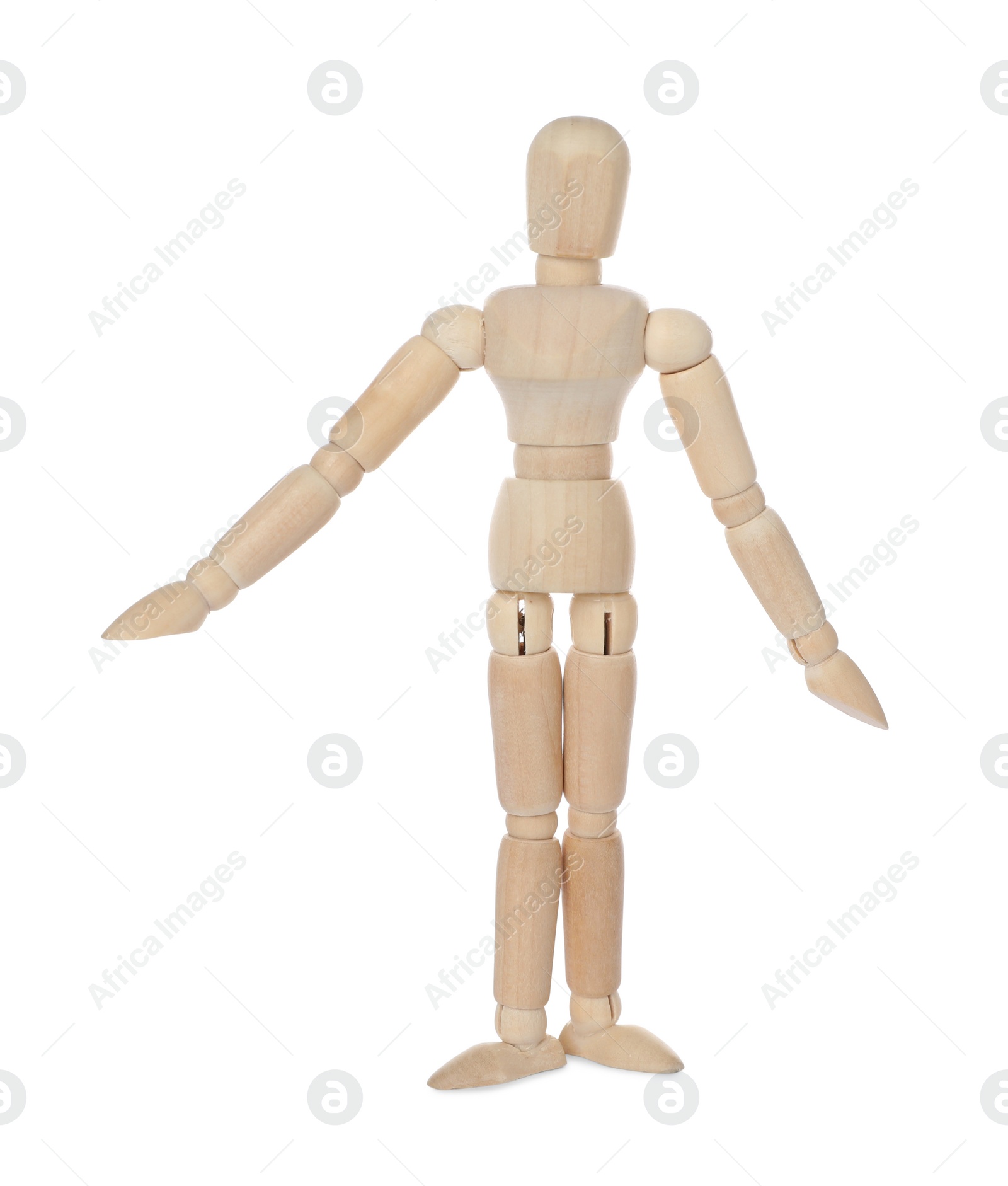 Photo of Wooden human model isolated on white. Mini mannequin