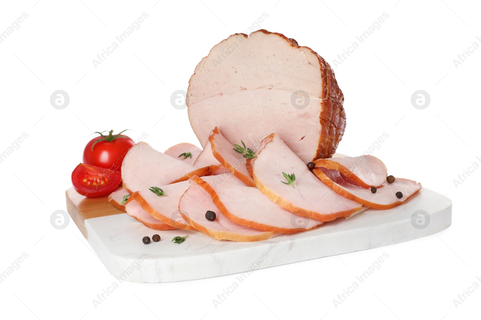 Photo of Delicious sliced ham with thyme, peppercorns and tomato isolated on white