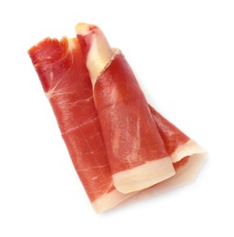 Photo of Slice of tasty jamon isolated on white, top view