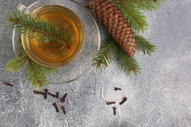 Photo of Cup with delicious immunity boosting tea and fir on grey table, flat lay