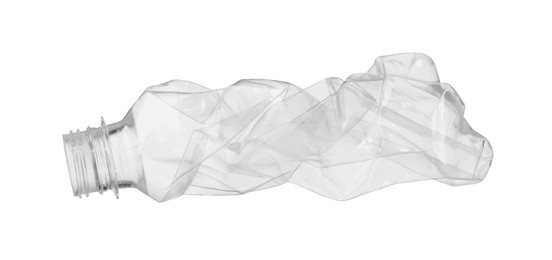 Photo of Crumpled disposable plastic bottle isolated on white