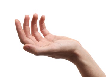 Photo of Man holding something in hand on white background, closeup