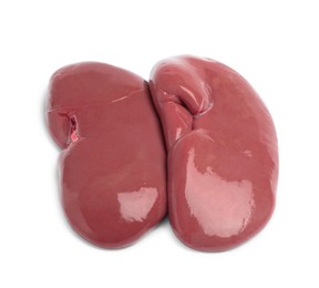 Photo of Fresh raw pork kidneys on white background