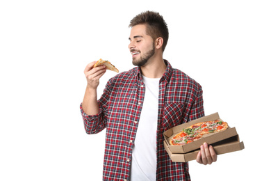 Photo of Handsome man with pizza isolated on white