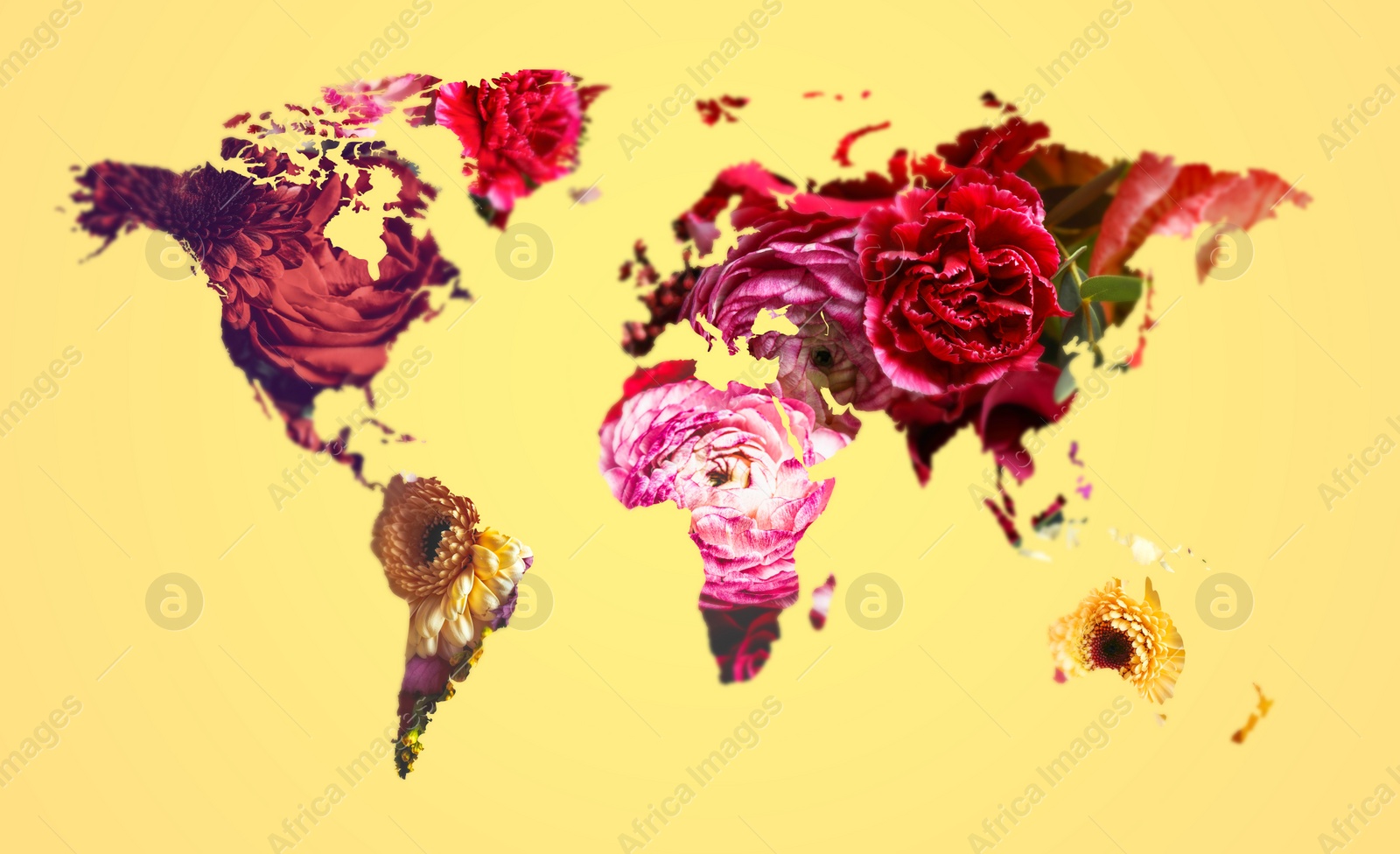 Image of World map made of beautiful flowers on yellow background, banner design