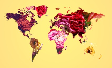 World map made of beautiful flowers on yellow background, banner design