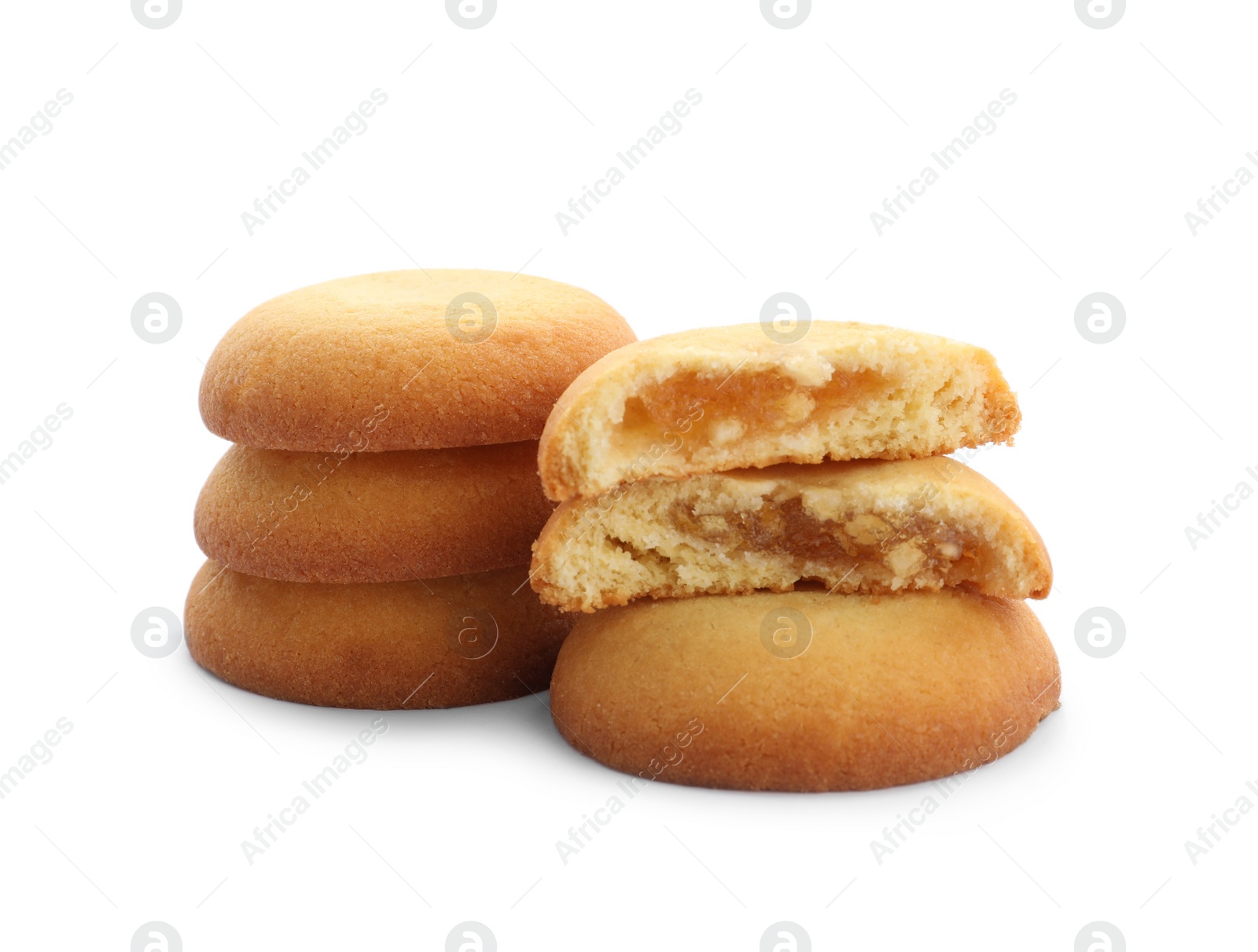 Photo of Tasty fresh shortbread cookies with filling isolated on white