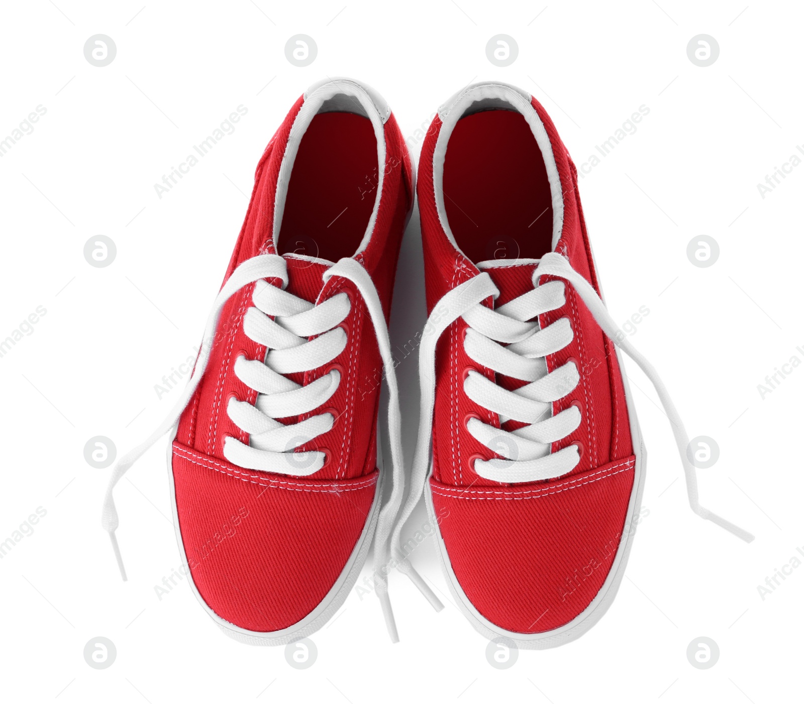 Photo of Pair of stylish new shoes on white background, top view