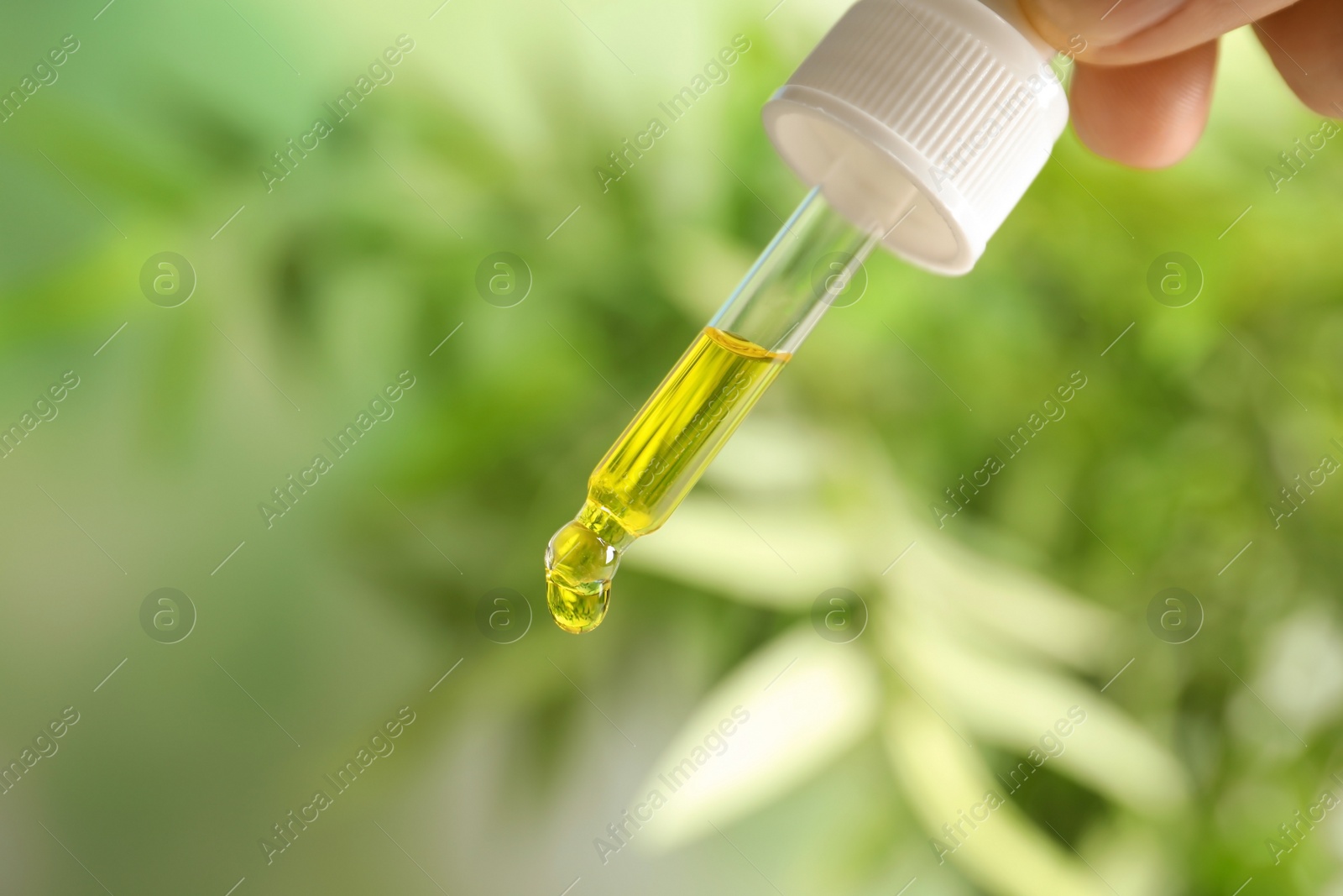 Photo of Woman holding pipette with oil on blurred background. Space for text