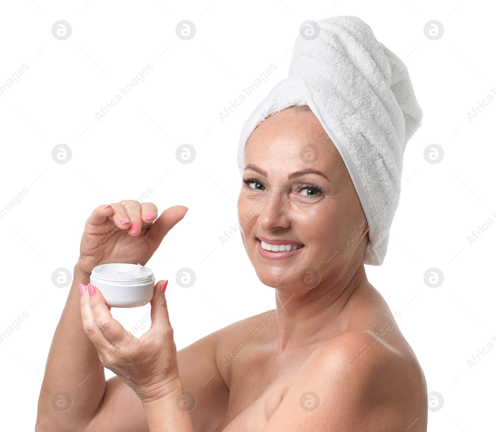 Photo of Portrait of beautiful mature woman with perfect skin holding jar of cream on white background