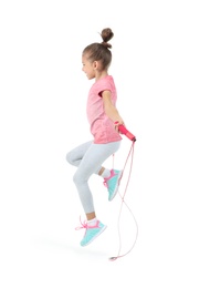 Photo of Active girl jumping rope on white background