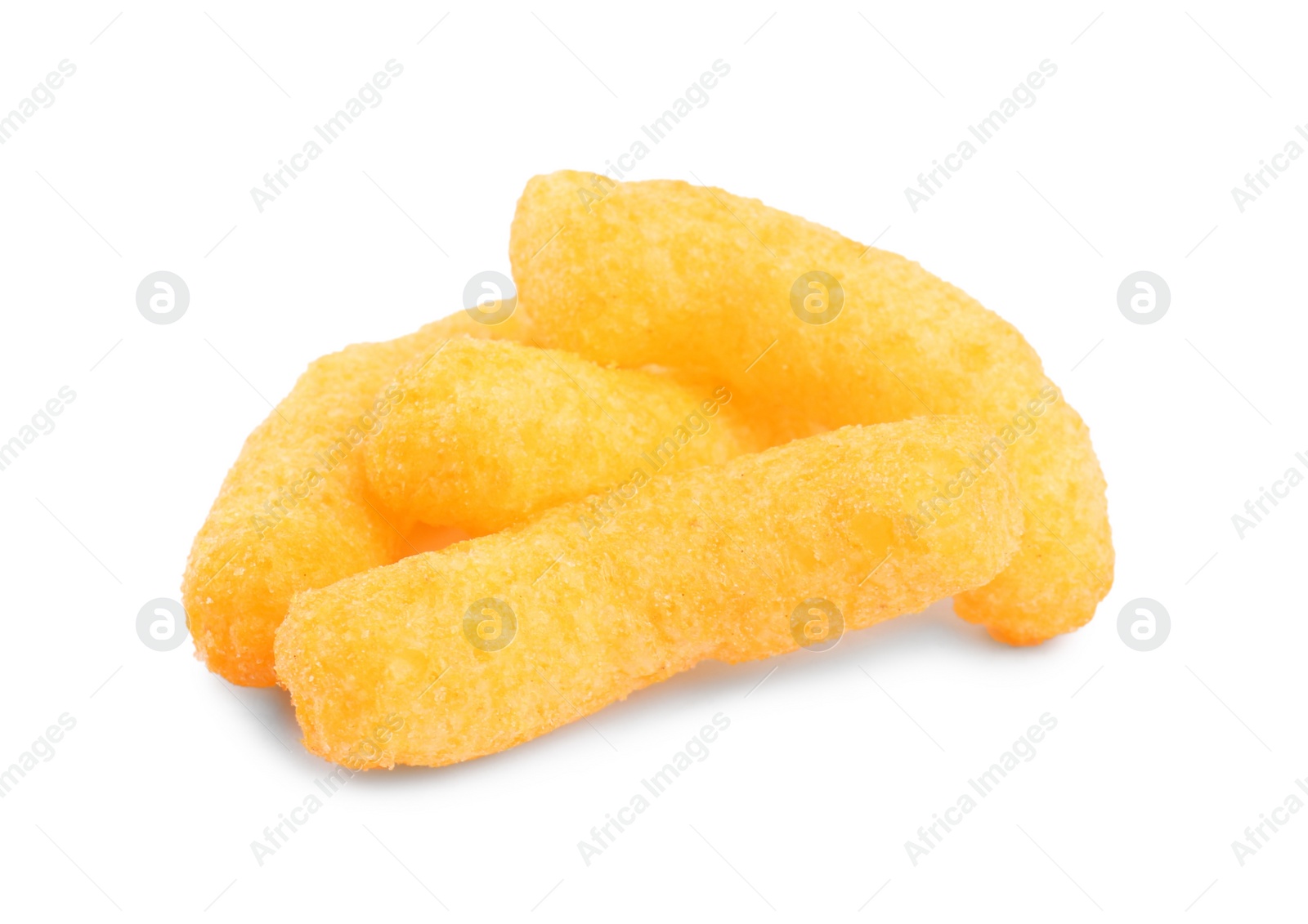 Photo of Tasty cheesy corn puffs isolated on white