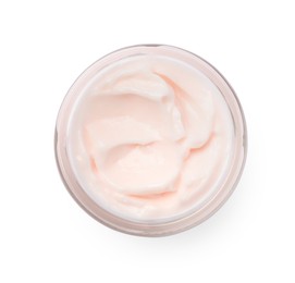 Photo of Jar of face cream isolated on white, top view