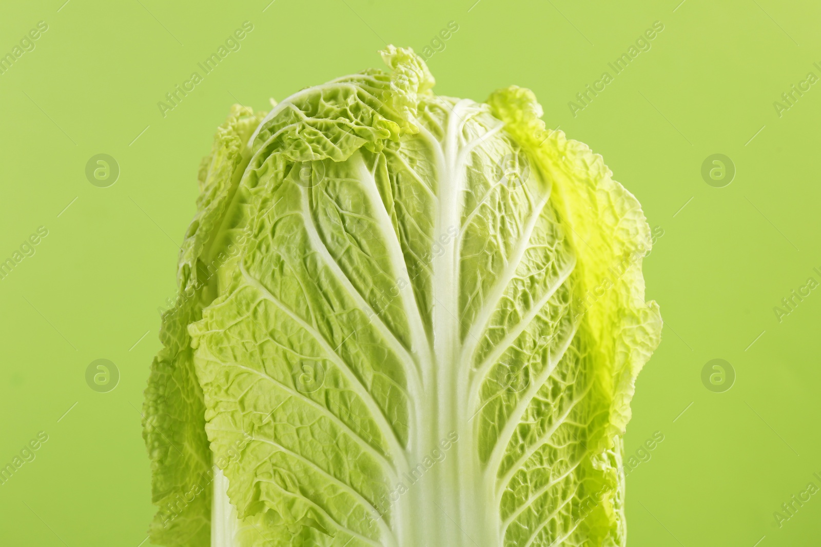 Photo of Fresh ripe Chinese cabbage on light green background, closeup