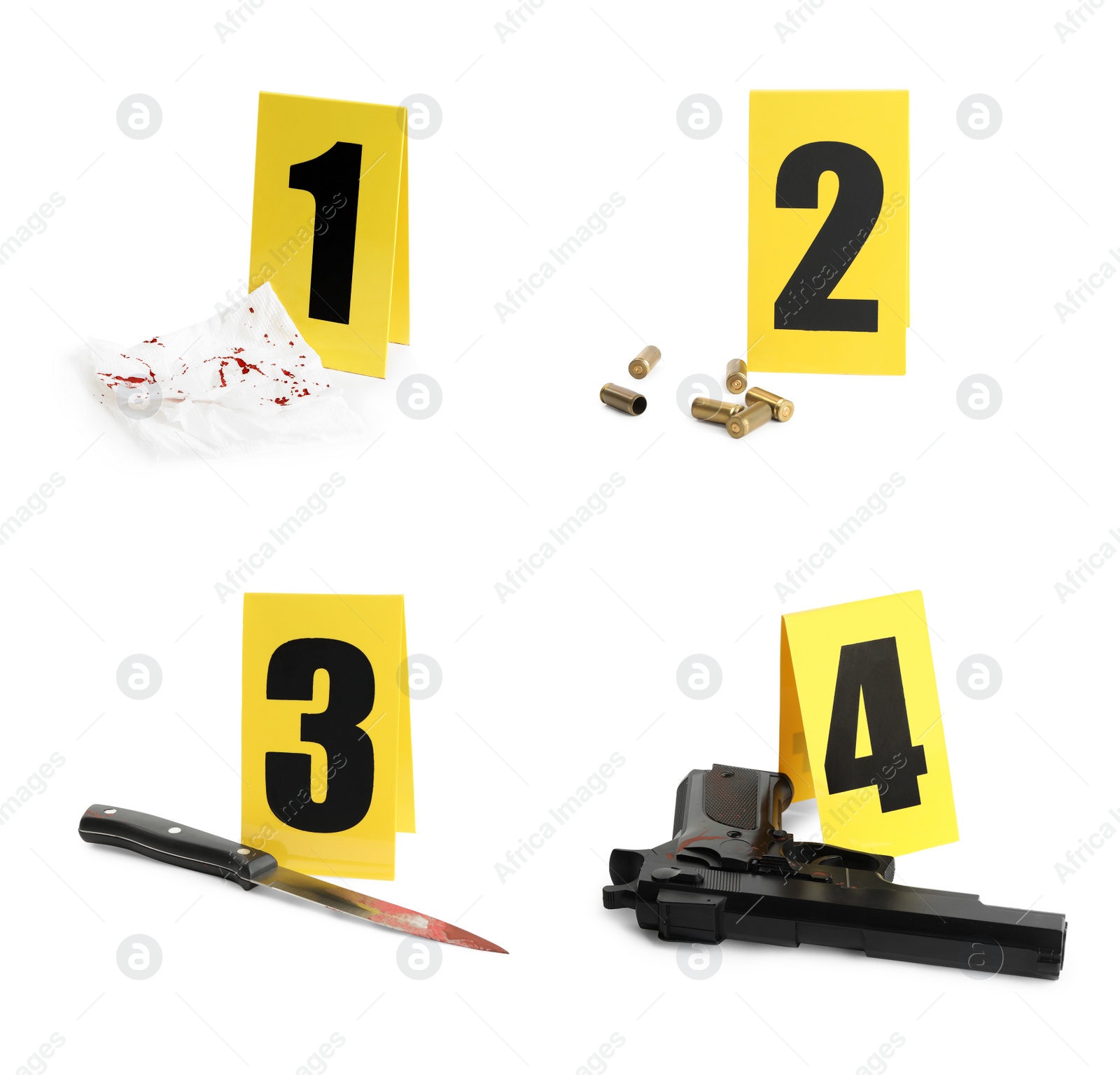 Image of Crime scene investigation. Set of evidence identification markers and clues on white background